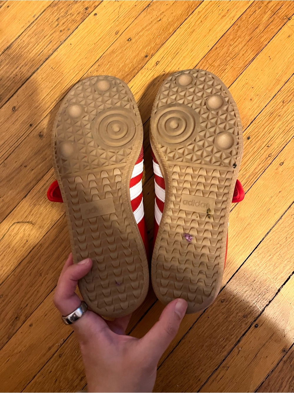 adidas Kids Red Mary Jane Sneakers with White Stripes - Picture 4 of 5